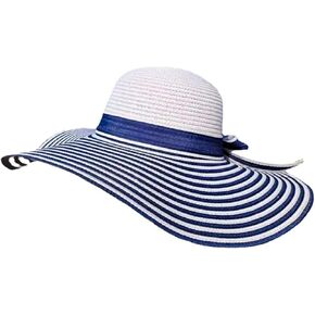 Blue White Stripe Floppy Straw Foldable Sun Beach Hat for Women Wide Brim Navy Style Essential Sunhat Visor Hat UV Protection in Kuwait