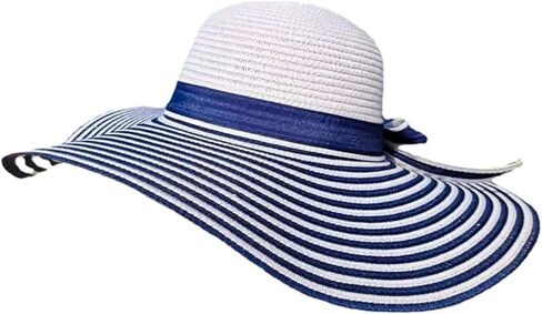 Blue White Stripe Floppy Straw Foldable Sun Beach Hat for Women Wide Brim Navy Style Essential Sunhat Visor Hat UV Protection in Kuwait