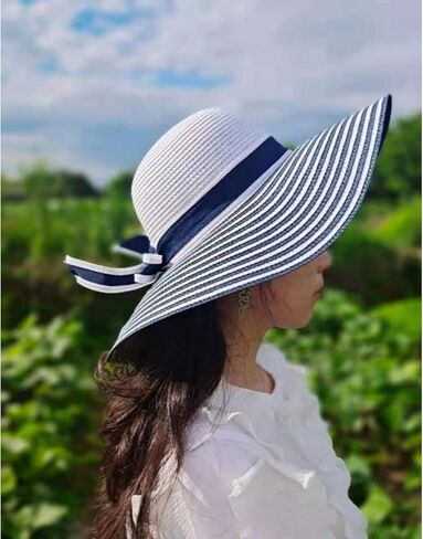 Blue White Stripe Floppy Straw Foldable Sun Beach Hat for Women Wide Brim Navy Style Essential Sunhat Visor Hat UV Protection in Kuwait