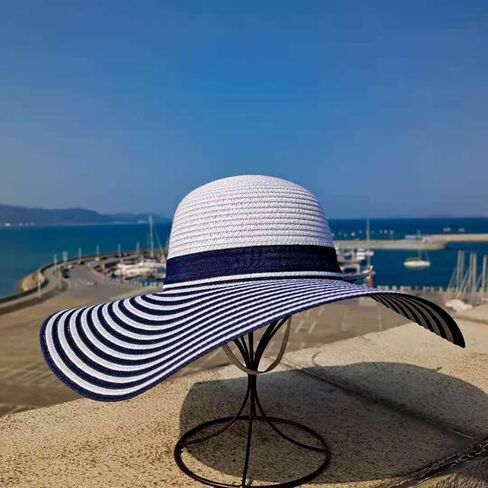 Blue White Stripe Floppy Straw Foldable Sun Beach Hat for Women Wide Brim Navy Style Essential Sunhat Visor Hat UV Protection in Kuwait