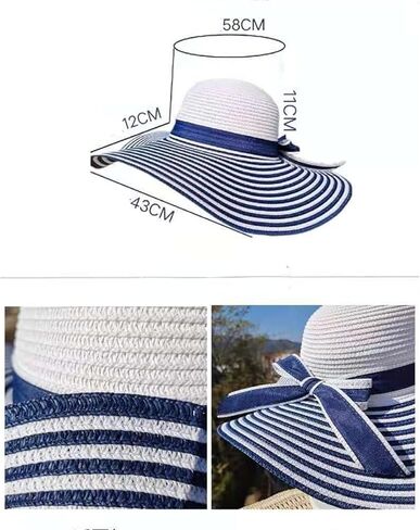 Blue White Stripe Floppy Straw Foldable Sun Beach Hat for Women Wide Brim Navy Style Essential Sunhat Visor Hat UV Protection in Kuwait