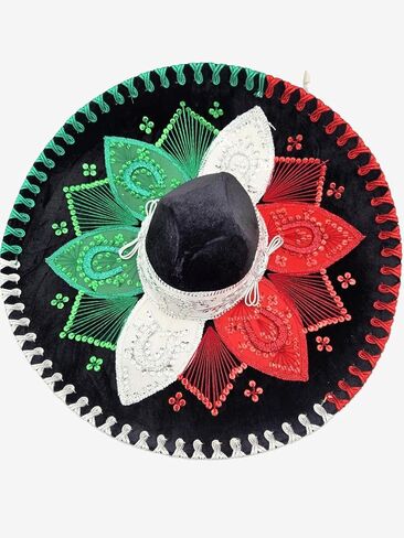 Mexican Mariachi Sombrero Hat, Traditional Charro Style, Black with Red White Green Embroidery in Saudi Arabia