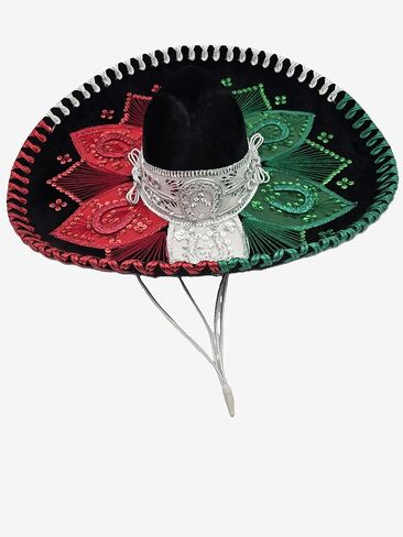 Mexican Mariachi Sombrero Hat, Traditional Charro Style, Black with Red White Green Embroidery in Saudi Arabia