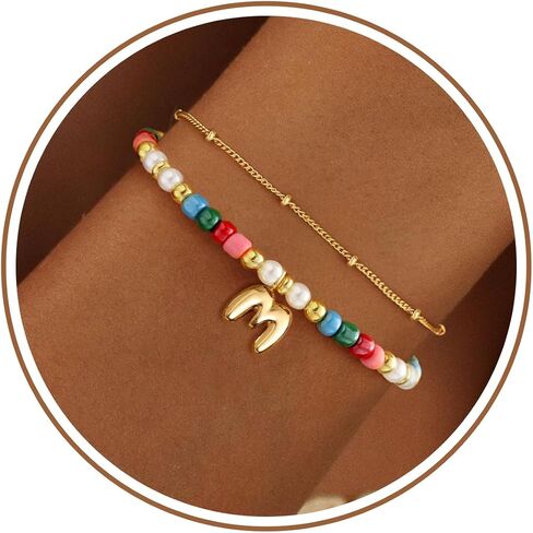 Colourful Beaded Initial Bracelets for Women Dainty Double Layered 14k Gold Bracelets for Women Non Tarnish with Letter Teen Girl Gifts Trendy Stuff Mom Sister Birthday Gifts Bubble Summer Jewelry in Kuwait