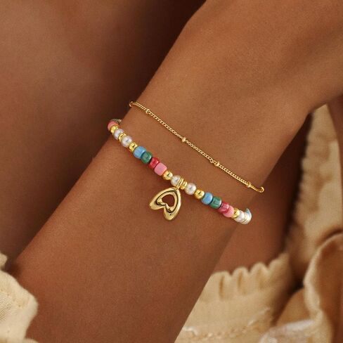 Colourful Beaded Initial Bracelets for Women Dainty Double Layered 14k Gold Bracelets for Women Non Tarnish with Letter Teen Girl Gifts Trendy Stuff Mom Sister Birthday Gifts Bubble Summer Jewelry in Kuwait