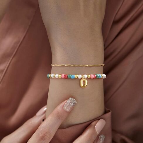 Colourful Beaded Initial Bracelets for Women Dainty Double Layered 14k Gold Bracelets for Women Non Tarnish with Letter Teen Girl Gifts Trendy Stuff Mom Sister Birthday Gifts Bubble Summer Jewelry in Kuwait
