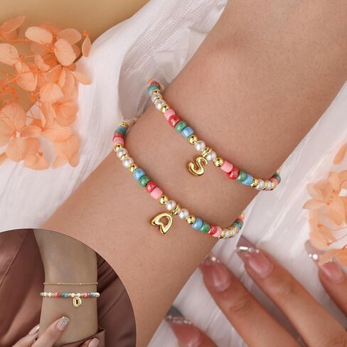 Colourful Beaded Initial Bracelets for Women Dainty Double Layered 14k Gold Bracelets for Women Non Tarnish with Letter Teen Girl Gifts Trendy Stuff Mom Sister Birthday Gifts Bubble Summer Jewelry in Kuwait