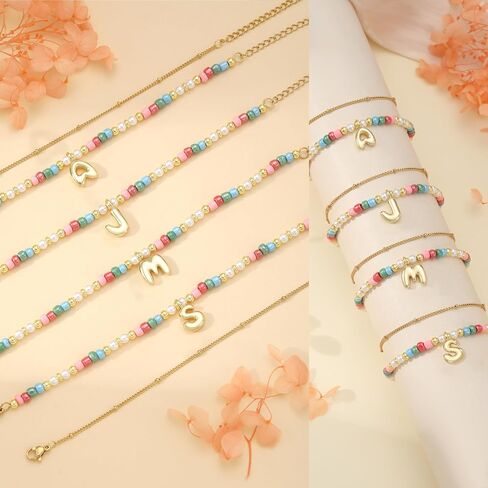 Colourful Beaded Initial Bracelets for Women Dainty Double Layered 14k Gold Bracelets for Women Non Tarnish with Letter Teen Girl Gifts Trendy Stuff Mom Sister Birthday Gifts Bubble Summer Jewelry in Kuwait