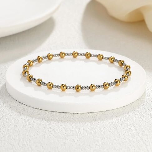 Gold Bracelet for Women 14K Gold Plated Stainless Steel 4mm Bead Bracelet non Tarnish Jewelry in Saudi Arabia