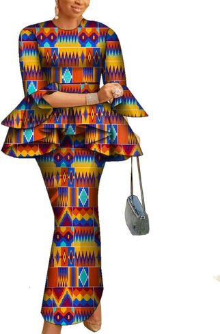 ABCWAX African Women's Dresses 2 Piece Tops and Skirts Ankara Dashiki Traditional Printed Fabrics for Wedding Party in Kuwait