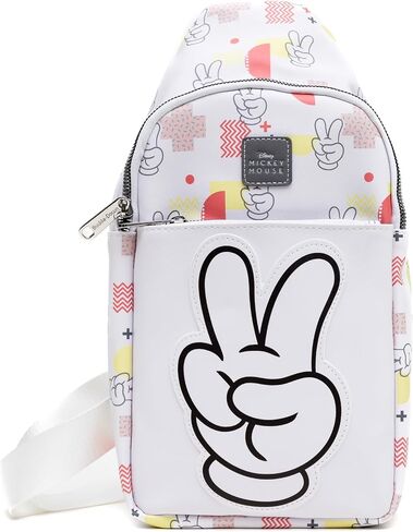 Disney Vegan Leather Crossbody Sling Bag, Mickey Mouse Peace Fingers Applique and Icons Collage, White, 7" x 14" in Saudi Arabia