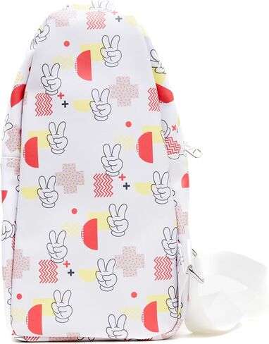 Disney Vegan Leather Crossbody Sling Bag, Mickey Mouse Peace Fingers Applique and Icons Collage, White, 7" x 14" in Saudi Arabia
