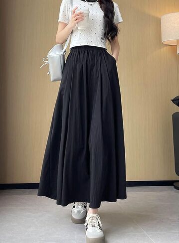Summer Simple & Fashion Wrinkle Long Skirt for Women,Elastic High Waist Midi Skirt,Casual Maxi Skirt with Pockets in Kuwait