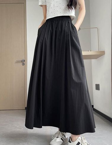 Summer Simple & Fashion Wrinkle Long Skirt for Women,Elastic High Waist Midi Skirt,Casual Maxi Skirt with Pockets in Kuwait