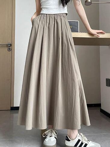 الصيف Simple و Mashion Wrinkle Long Long for Women ، تنورة Midi مرنة عالية الخصر ، تنورة Maxi غير الرسمية مع جيوب in Kuwait