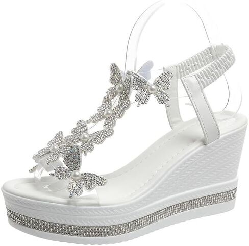 Big Size Allure Elegant Butterfly Pearl Wedge Sandals for Women – Chic Open-Toe, Thick Heel, Slip-On Design with PU Upper & Exquisite Details in Saudi Arabia