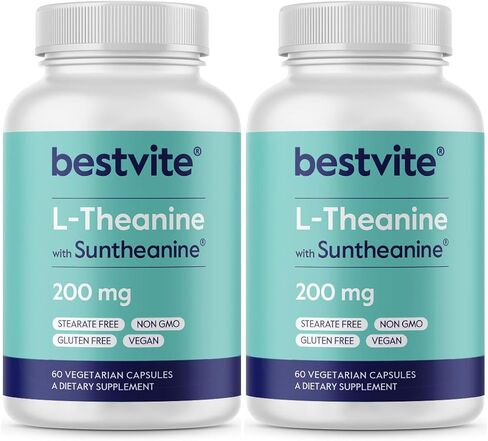BESTVITE L-Theanine 200mg with Patented and Clinically Studied Suntheanine (60 Vegetarian Capsules) - No Stearates - Vegan - Non GMO - Gluten Free in Kuwait