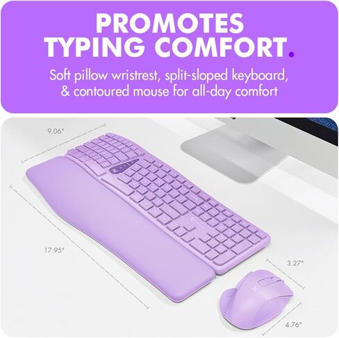 X9 Wireless Ergonomic Keyboard and Mouse Combo - Type Comfortably Longer - Ergo Split Keyboard with Soft Wrist Rest for PC, Mac, iOS, Android, Bluetooth/2.4G Rechargeable, Multi-Device - Purple in Kuwait