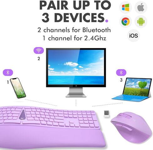 X9 Wireless Ergonomic Keyboard and Mouse Combo - Type Comfortably Longer - Ergo Split Keyboard with Soft Wrist Rest for PC, Mac, iOS, Android, Bluetooth/2.4G Rechargeable, Multi-Device - Purple in Kuwait