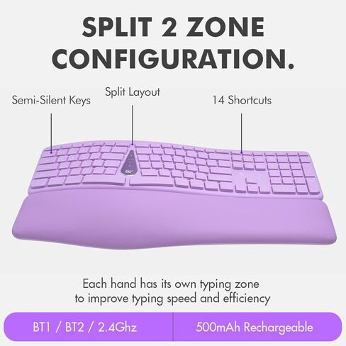 X9 Wireless Ergonomic Keyboard and Mouse Combo - Type Comfortably Longer - Ergo Split Keyboard with Soft Wrist Rest for PC, Mac, iOS, Android, Bluetooth/2.4G Rechargeable, Multi-Device - Purple in Kuwait
