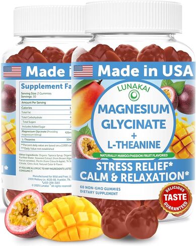صنعت Lunakai USA Glycinate Glycinate مع L-theanine للأطفال والكبار-مكملات المغنيسيوم 420mg للهدوء والنوم والإجهاد ، 60Ct in Kuwait