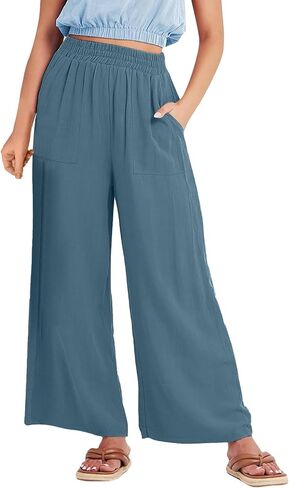 Women's Solid Color Fashionable Casual Pocket Cotton Linen Wide Leg Pants Trendy Fall Outfits for in Kuwait