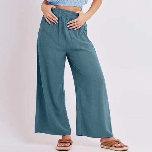Women's Solid Color Fashionable Casual Pocket Cotton Linen Wide Leg Pants Trendy Fall Outfits for in Kuwait