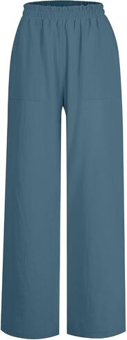 Women's Solid Color Fashionable Casual Pocket Cotton Linen Wide Leg Pants Trendy Fall Outfits for in Kuwait