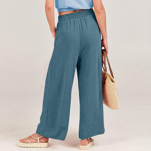 Women's Solid Color Fashionable Casual Pocket Cotton Linen Wide Leg Pants Trendy Fall Outfits for in Kuwait