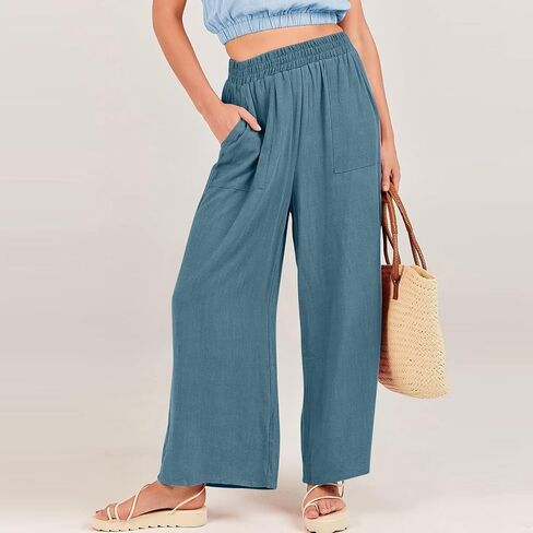 Women's Solid Color Fashionable Casual Pocket Cotton Linen Wide Leg Pants Trendy Fall Outfits for in Kuwait