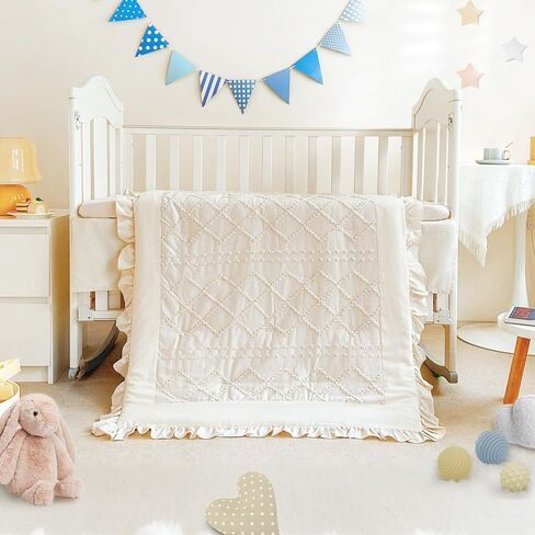 Wowelife Ruffle Crib Bedding Set for Girls Boys 3PCs Boho Crib Comforter Set Beige Baby Crib Bedding Set Nursery Bedding Sets Girls Include Quilted Comforter, Crib Skirt and Crib Sheet, Beige in Kuwait