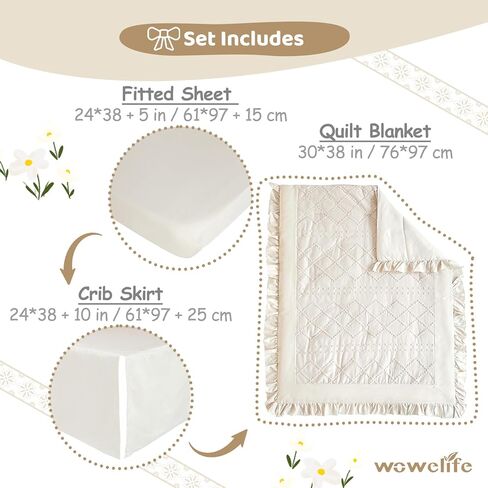 Wowelife Ruffle Crib Bedding Set for Girls Boys 3PCs Boho Crib Comforter Set Beige Baby Crib Bedding Set Nursery Bedding Sets Girls Include Quilted Comforter, Crib Skirt and Crib Sheet, Beige in Kuwait