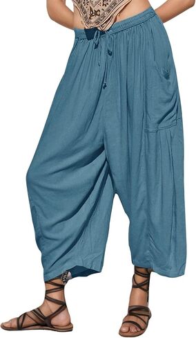 Womens Linen Wide Leg Palazzo Pants Casual Loose Elastic Drawstring Summer Beach Vacation Harem Pants with Pockets in Kuwait