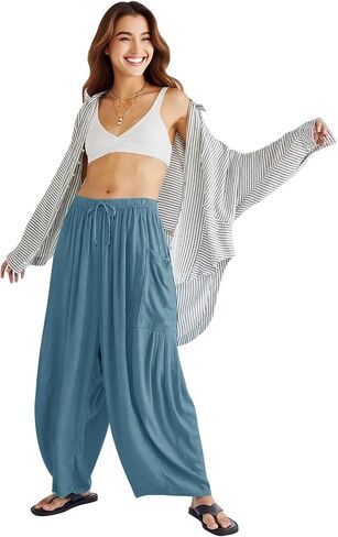 Womens Linen Wide Leg Palazzo Pants Casual Loose Elastic Drawstring Summer Beach Vacation Harem Pants with Pockets in Kuwait