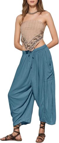 Womens Linen Wide Leg Palazzo Pants Casual Loose Elastic Drawstring Summer Beach Vacation Harem Pants with Pockets in Kuwait
