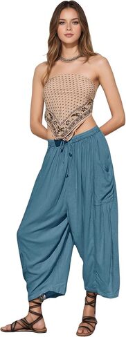 Womens Linen Wide Leg Palazzo Pants Casual Loose Elastic Drawstring Summer Beach Vacation Harem Pants with Pockets in Kuwait