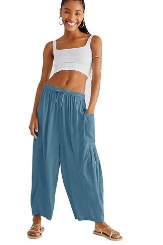 Womens Linen Wide Leg Palazzo Pants Casual Loose Elastic Drawstring Summer Beach Vacation Harem Pants with Pockets in Kuwait