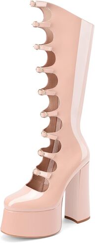 Z.Oufeier Women's Gothic Lolita High Chunky Block Heel Platform Knee High Boots Buckle Strap Patent Leather Heeled Long Boots Wide Calf in Kuwait
