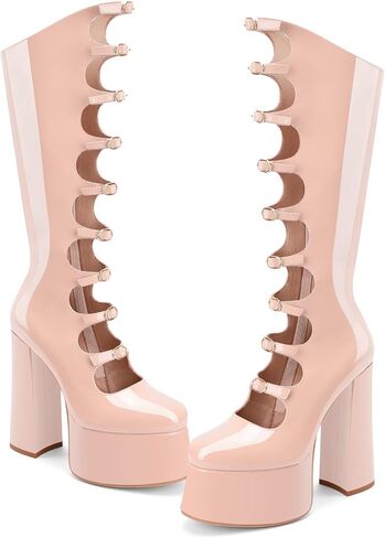 Z.Oufeier Women's Gothic Lolita High Chunky Block Heel Platform Knee High Boots Buckle Strap Patent Leather Heeled Long Boots Wide Calf in Kuwait