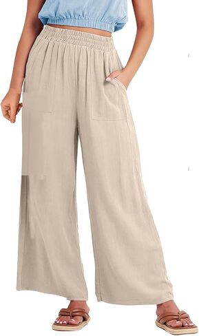 Women's Solid Color Fashionable Casual Pocket Cotton Linen Wide Leg Pants Trendy Fall Outfits for in Kuwait