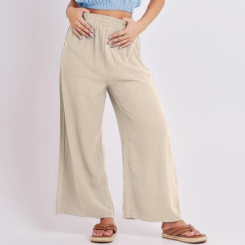 Women's Solid Color Fashionable Casual Pocket Cotton Linen Wide Leg Pants Trendy Fall Outfits for in Kuwait