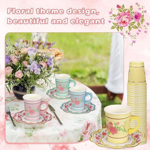 200 Pcs Floral Paper Tea Cups and Saucers Set, Severs 100 Disposable Tea Party Supplies 9 oz Paper Tea Cups with Handle and Saucer for Birthday Wedding Tea Party Decorations in Kuwait