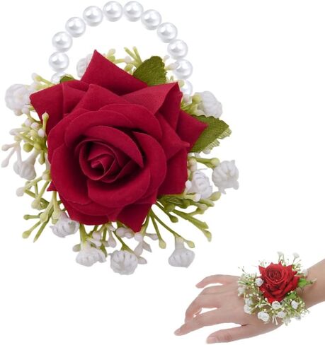 Guqqeuc Rose Wrist Corsage with Stretch Pearl Bracelet for Bridesmaid Flower Wrist Wristband for Girls Wedding Corsage Hand Flower for Wedding Prom Decorations in Kuwait