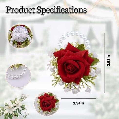 Guqqeuc Rose Wrist Corsage with Stretch Pearl Bracelet for Bridesmaid Flower Wrist Wristband for Girls Wedding Corsage Hand Flower for Wedding Prom Decorations in Kuwait
