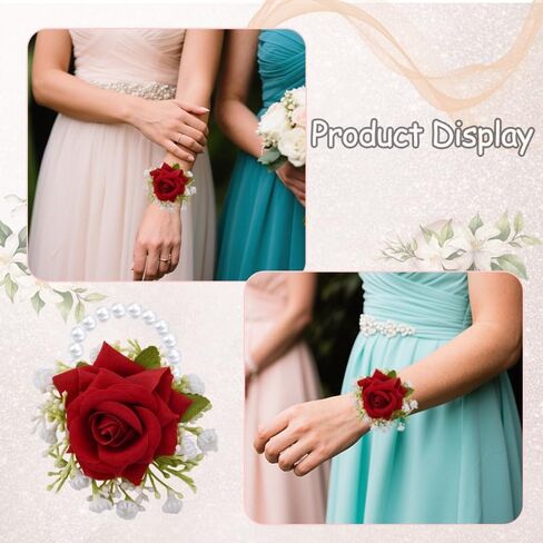 Guqqeuc Rose Wrist Corsage with Stretch Pearl Bracelet for Bridesmaid Flower Wrist Wristband for Girls Wedding Corsage Hand Flower for Wedding Prom Decorations in Kuwait