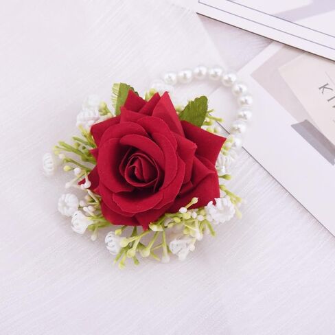 Guqqeuc Rose Wrist Corsage with Stretch Pearl Bracelet for Bridesmaid Flower Wrist Wristband for Girls Wedding Corsage Hand Flower for Wedding Prom Decorations in Kuwait