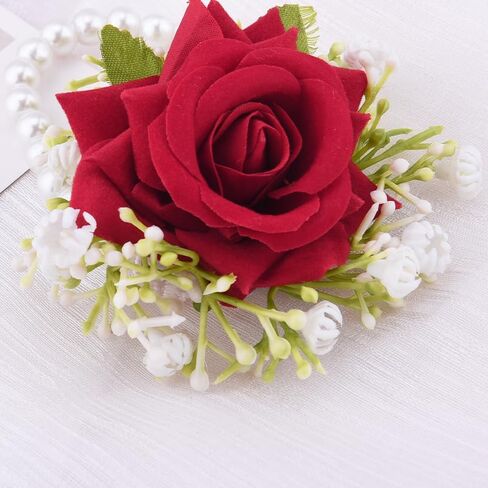 Guqqeuc Rose Wrist Corsage with Stretch Pearl Bracelet for Bridesmaid Flower Wrist Wristband for Girls Wedding Corsage Hand Flower for Wedding Prom Decorations in Kuwait
