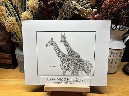 Noah's Ark Series Giraffes Graphite Pencil Art Sketch رسم طباعة صورة محدودة ~ بعنوان "Giraffes of the Ark" بقلم David Allen (11 × 14 إطار وطباعة) in Saudi Arabia