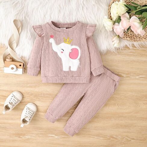Baby Girl Clothes Outfits Fall Winter Ruffle Long Sleeves Cute Elephant Sweatshirt Pants Set 3-24 Months in Saudi Arabia