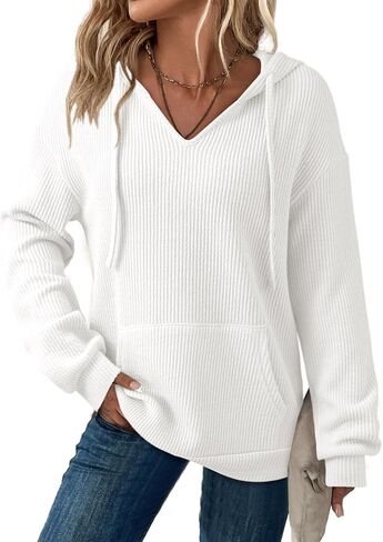 Dokotoo Womens Hoodies Oversized Sweatshirts Ribbed Knit Long Sleeve Drawstring V Neck Casual Pullover Sweatshirt Hooded Tops in Saudi Arabia
